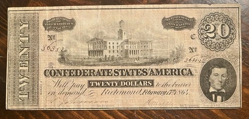 The Confederate States of America $20 1864 Richmond CSA Bank Note Bill #36352