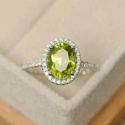 3.1Ct Oval Cut Lab-Created Peridot Women's Engagement Ring 14K White Gold Finish
