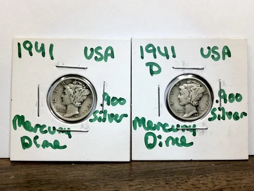 2 Coin Lot - 1941 P & 1941-D Mercury Dime - .900 Silver US Coin - VF/XF