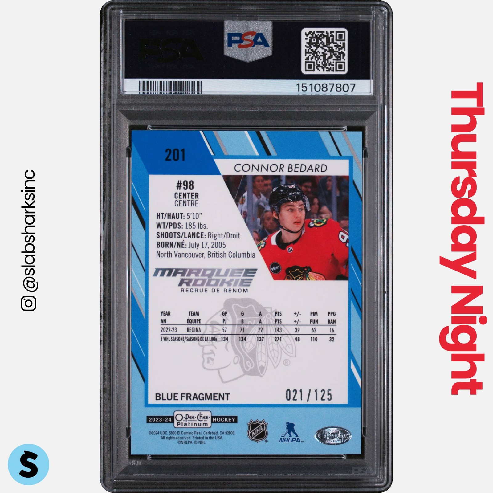 2023 O-PEE-CHEE PLATINUM #201 CONNOR BEDARD BLUE FRAGMENTS RC ROOKIE /125 PSA 9 view 2