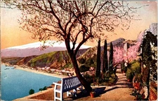 Taormina Sicily Postcard Giardino Duca di Bronte 1920s-50s Mount Etna View