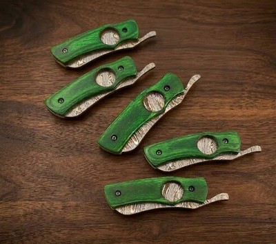 Lot Of 5 Custom Handmade Damascus Cigar Cutter-with Leather Pouch  