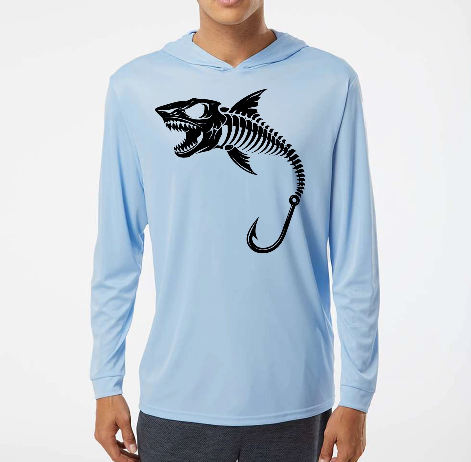 Angry Shark Hook Sport UV Protected UPF 50 Long Sleeve T-Shirt Hood Fishing Sun