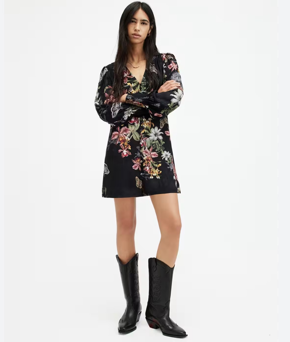 auden sanibel print mini dress AllSaints Floral Auden Mini Dress - Black