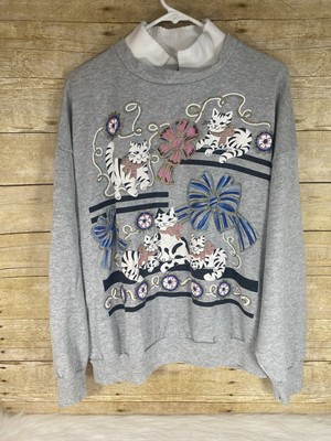 Vintage Karen Blake Kitty Cat Sweatshirt XL Gray Glitter Collared Grandmacore