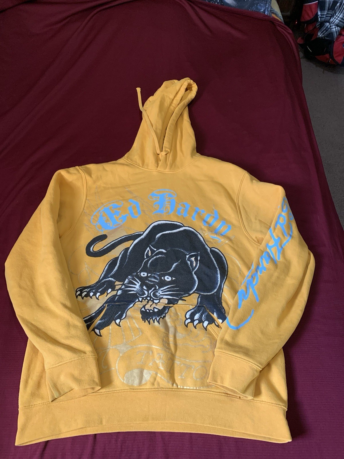 Ed Hardy Hoodie Men’s M Yellow Black Panther Pullover Hooded Sweatshirt Y2K