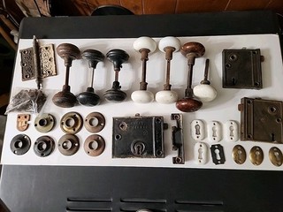 Vintage Antique DOOR HARDWARE Porcelain Knobs MORTISE LOCKS Key Hole Plates