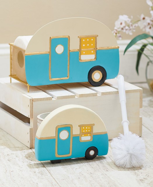 Novelty Retro Blue Camper Toilet Brush Holder Red Truck Toilet Paper