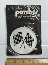 NIP Black White Checkered Racing Flags Souvenir Round Adhesive Backed Patch
