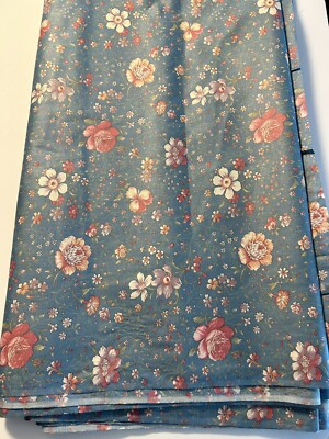 Cotton Fabric Blue With Pink Roses Floral Shiny 5 Yards X  45 wide