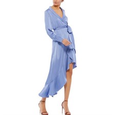 Mac Duggal 12506 Blue Wrap Cocktail Dress Satin Long Sleeve High Low Hem Size 8