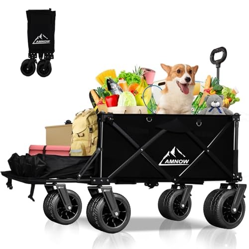 AMNOW COLLAPSIBLE BEACH WAGON CART WITH BIG WHEELS 440LBS LARGE CAPACITY - BLACK