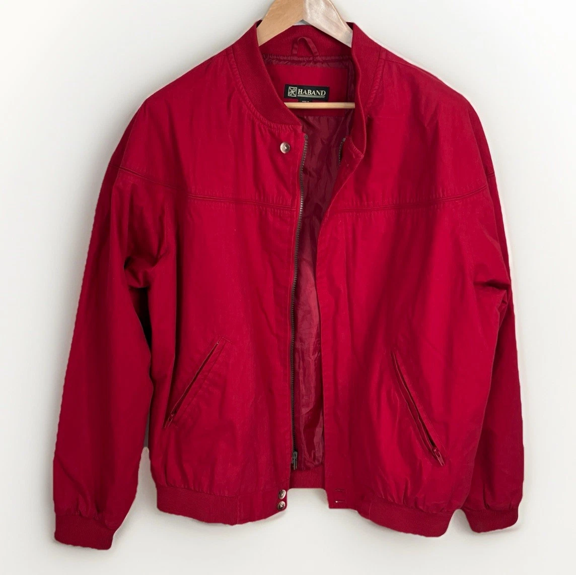 VTG 80s 90s HABAND Red Bomber Jacket L Harrington Lightweight Insulated Classic