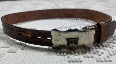 Vintage Chambers Belt Co Kids Leather Hand Tooled Horses Chuck wagon Buckle Sz L