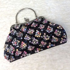 Black Beaded Floral Sequin Evening Clutch Chain Strap Holiday Party NYE Wedding