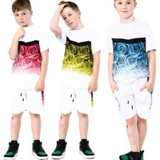 Kids Roses Gradient Top Shorts Set Two Tone Colour Girls Boys Age 5-13 Years