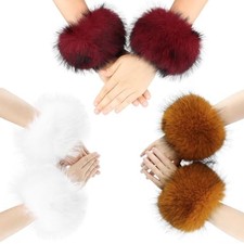 3 Pairs Faux Fur Wrist Cuffs Winter Furry Arm Warmers for Fox Red White