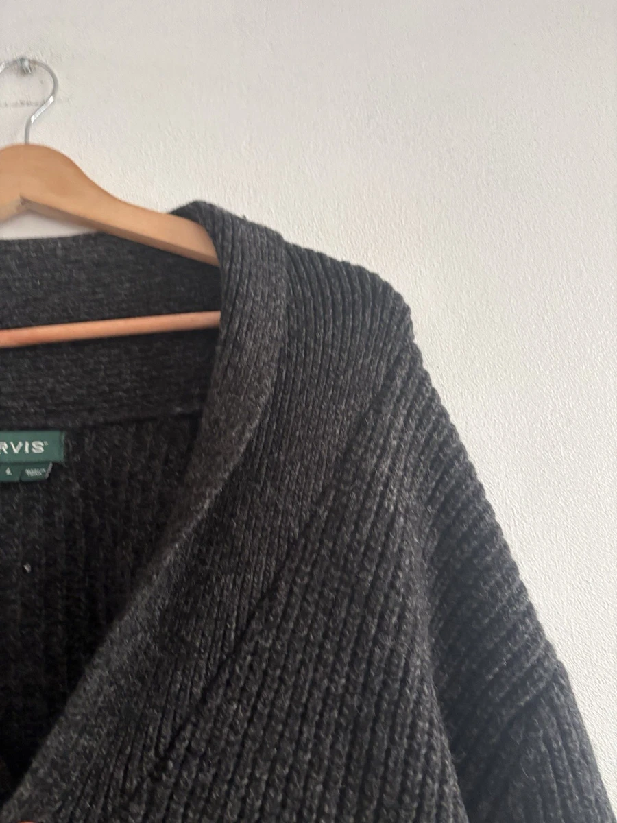 Orvis Mens Heavy Wool Blend Cardigan Large Grey Ribbed Shawl Collar Elbow Patch