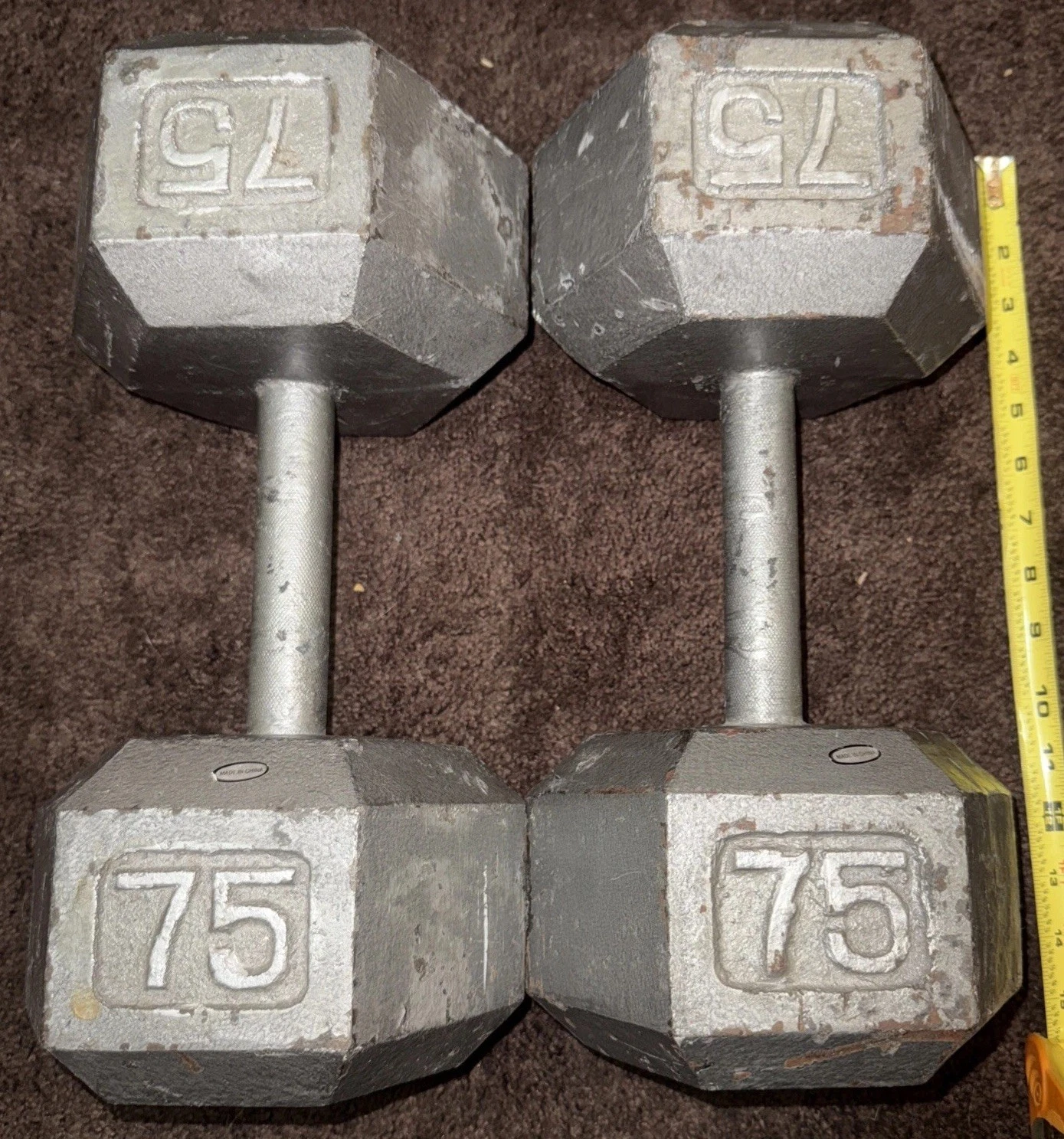 75 lb Pair Hex Cast Iron Dumbbells 150 lbs Total Used Iron Steel Hand Weights