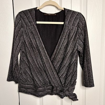 Anthropologie Azel Hazel Haze Medium V-Neck Wrap Tie Black Metallic Blouse Top