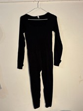 009-0158 Women's Black Ribbed Long Sleeve Catsuit Jumpsuit with Thumbholes