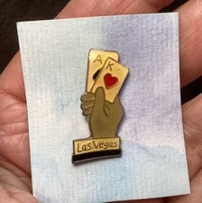 Vintage Gold Tone Las Vegas Lettered Pin Hand Holding King & Aces Cards