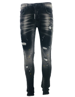 Georgio Peviani Herren Stretch Denim Jeans Ripped, Farbspritzer, Patchwork Denim