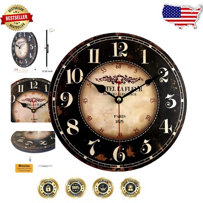 Stylish 24-Inch Parisian Wall Clock with Quiet Quartz Movement - Elegant Decor