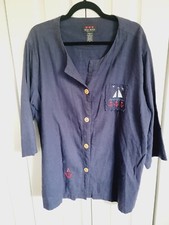 Three Hearts 1X Women’s Linen Blend Navy Blue Nautical Blouse SS