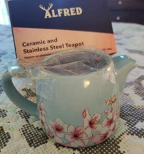 NIB! ALFRED Ceramic and Stainless Steel TEAPOT Blue Pink White Floral 20 oz 
