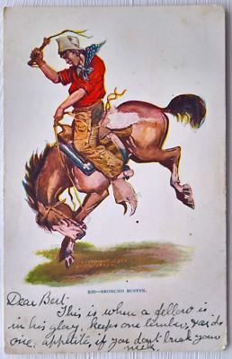 Zoo - Broncho Buster, Cowboy auf Pferd. Geprägte Postkarte.