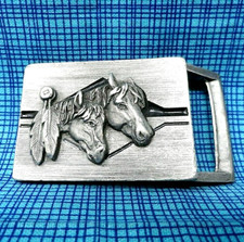 Horses Dress Belt Buckle Native Indian Ponies Feathers Vtg 90s Siskiyou .CPA002