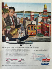 1954 United Airlines San Fransisco Visit Cities No Extra Fare Vintage Print Ad
