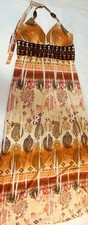 XOXO Women’s Sz M Maxi Dress with a Brown Crochet Waist Orange Parsley Print