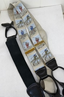 Men's Golf Themed Ribbon Suspenders Leather Ends Button One Size Adjustable
