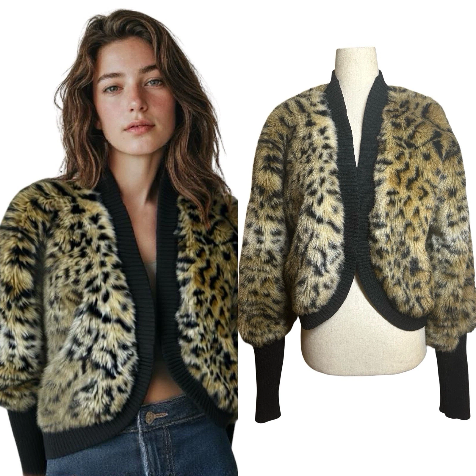 Giacca pelliccia sintetica Michael Kors Y2K donna L marrone ghepardo glam bordo in maglia a costine