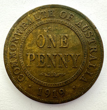 1919 George V Australia One 1 Penny  Coin, Bronze, 30.8mm, VF Very Fine