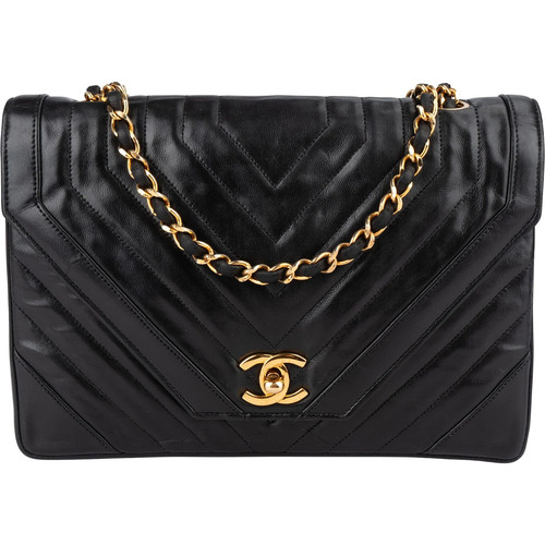 Chanel Chevron Lambskin 24K Gold Single Flap Shoulder Bag Coco CC Bag