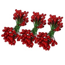 300 Pcs Artificial Holly Christmas Fake Berries on 150 Wire Stems Dark Red