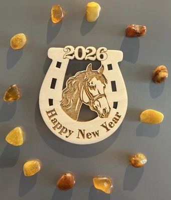 Laser cut Happy New Year Wooden Fridge Magnet With Horse (Year Animal) 2026