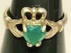 Vintage Sterling Silver 925 IRISH CLADDAGH Ring w/ Green Heart Stone Sz. 6