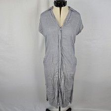 4Our Dreamers Dress Women's M Blue-Gray Striped Midi Cap Short Sleeve Buttons