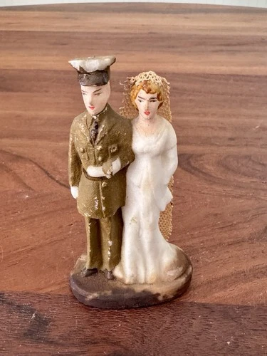 Vintage WW2 Era Bride & Groom Military Wedding Cake Topper WITH VEIL!!