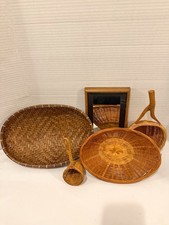 Vintage Wicker  Rattan Basket Gallery Wall Set, Woven Art, Accent Mirror, Boho