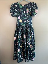 Vintage Floral Puff Sleeve Bow Back Cottagecore Maxi Dress Handmade Size 10 80s