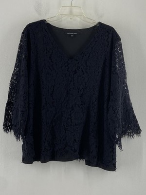 Zac & Rachel Women's Black Goth V-Neck Lace Lined 3/4 Sleeve Top Plus Size 3X