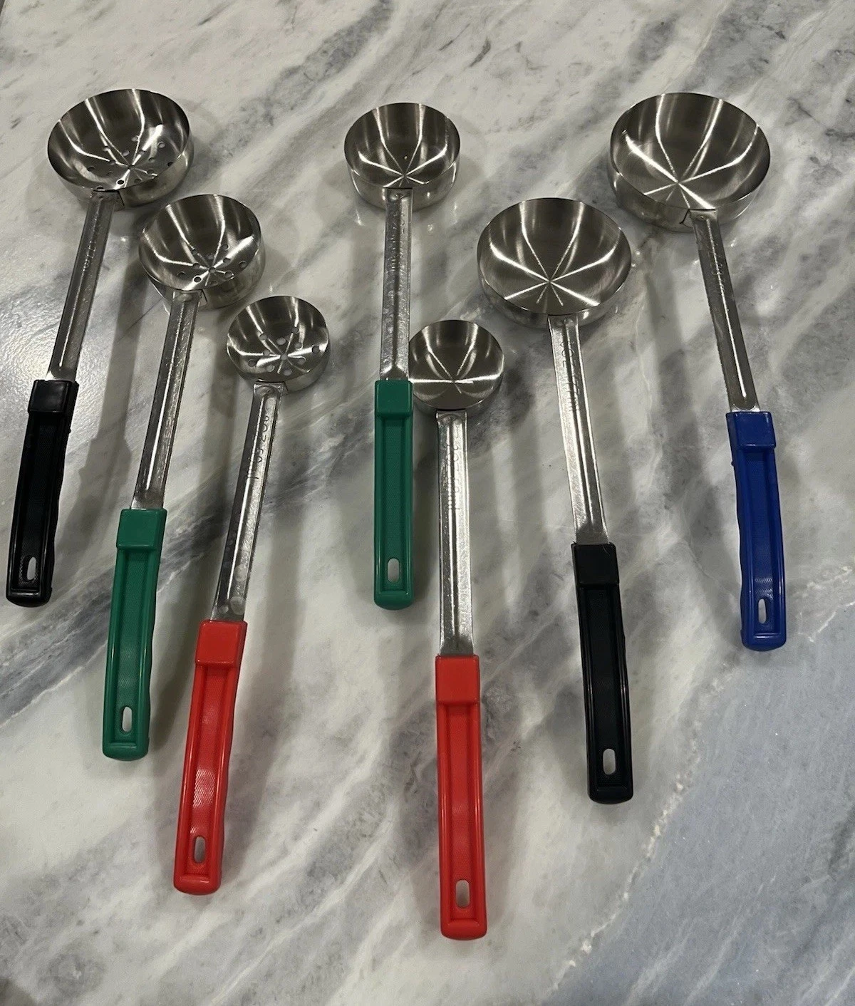Stainless Steel Solid & Drain -7 Portion Control Serving Spoons 2, 4, 6, 8 Oz