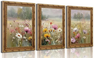 3D Textured Canvas Wall Art 3PCS Vintage Carved Gold Frame Farmhouse Floral F...