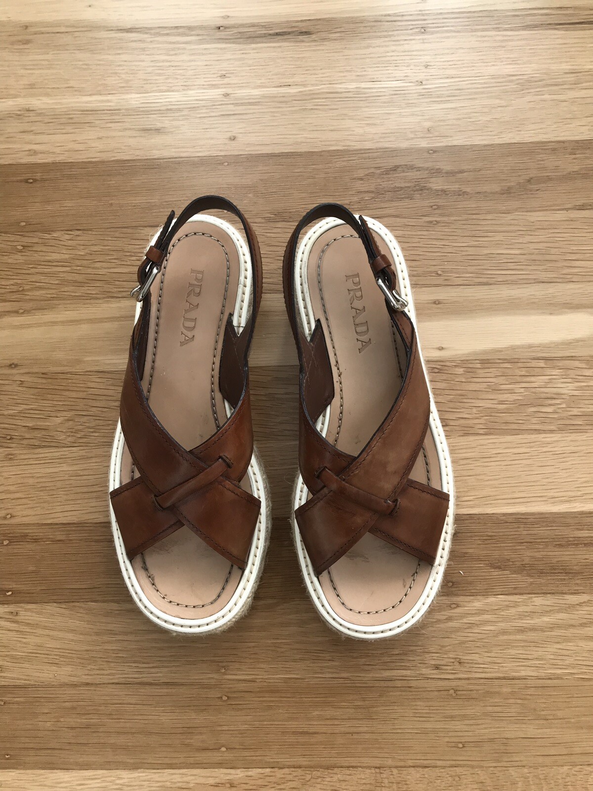 Prada Espadrille Sandals Brown Leather 