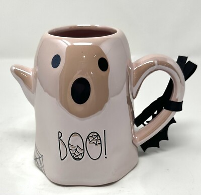 Rae Dunn Iridescent Pink Ghost BOO! With Spiderwebs Ceramic Mug NEW